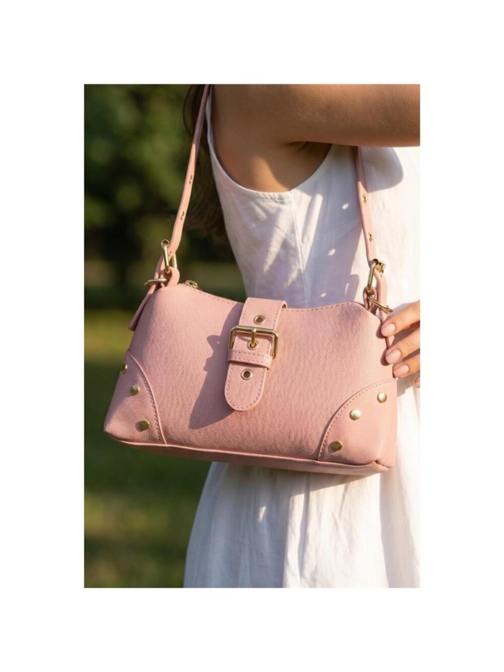 Fame Studded Saffiano Buckle Strap Shoulder Bag